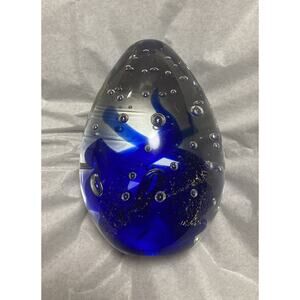 Large Glass Egg-Shaped Heavy Paperweight 4.5 X 3.25 Clear w Blue Swirls Bubbles